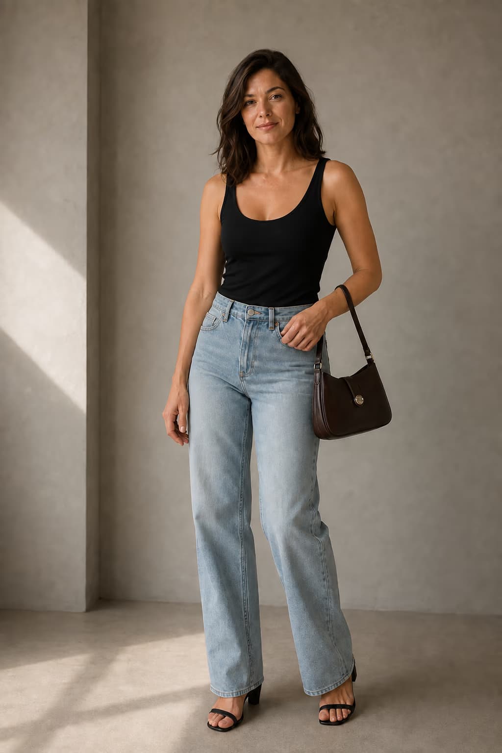 The same model in a black top and jeans, carrying a chocolate handbag without a blazer — AI illustration