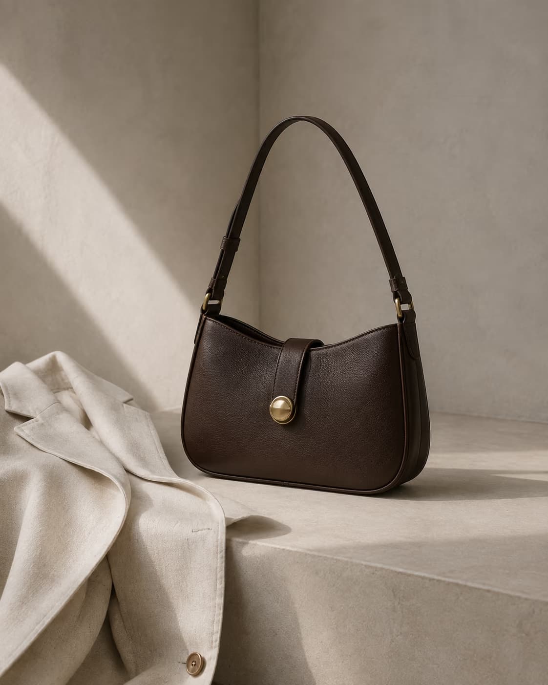 A chocolate-brown handbag and ecru linen blazer on pale stone — AI-generated still life