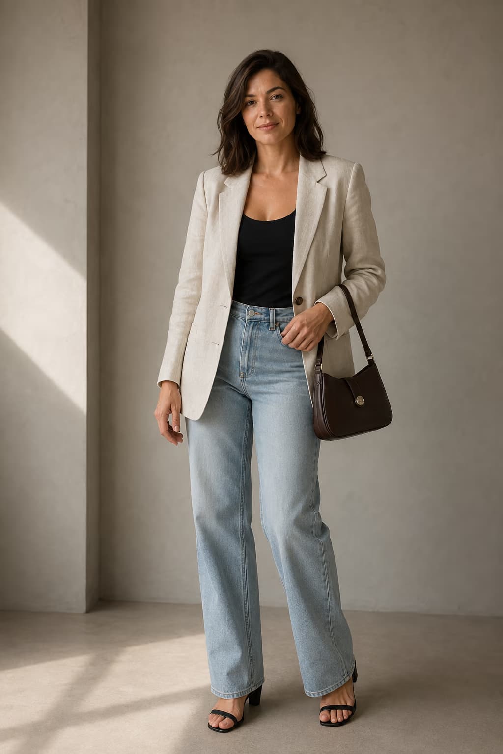 Woman in an ecru linen blazer, black top and jeans, carrying a chocolate-brown handbag — AI-generated editorial image