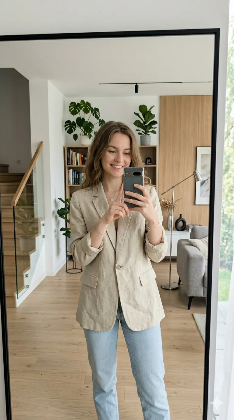 Klientka w lnianej marynarce wygenerowana przez Wearlo